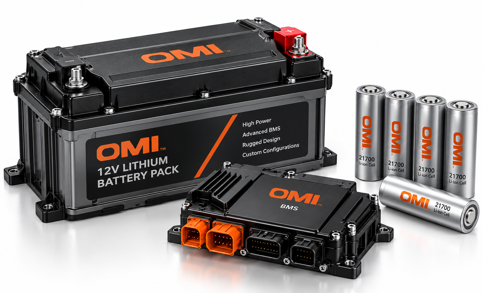 OMI 12V battery pack, configurable BMS and 21700 cylindrical cells