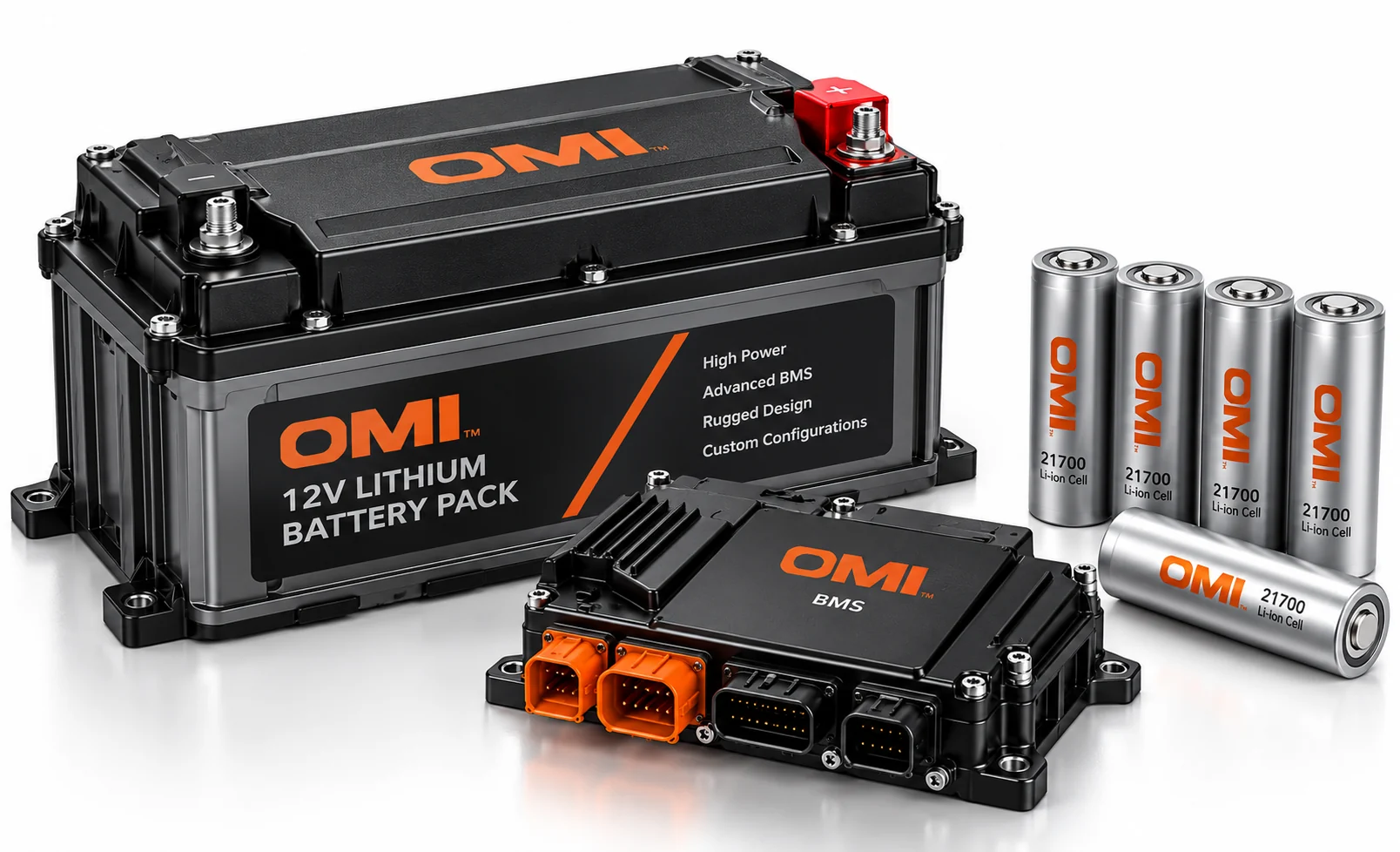 OMI 12V battery pack, configurable BMS and 21700 cylindrical cells